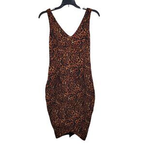 ASTR Brown Black Leopard V-Neck Sleeveless Bodycon Sexy Pin Up Wiggle Dress Sz M